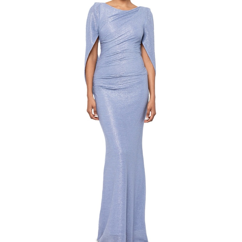 Betsy & Adam Metallic Cape Gown, Blue/Silver, Size 10